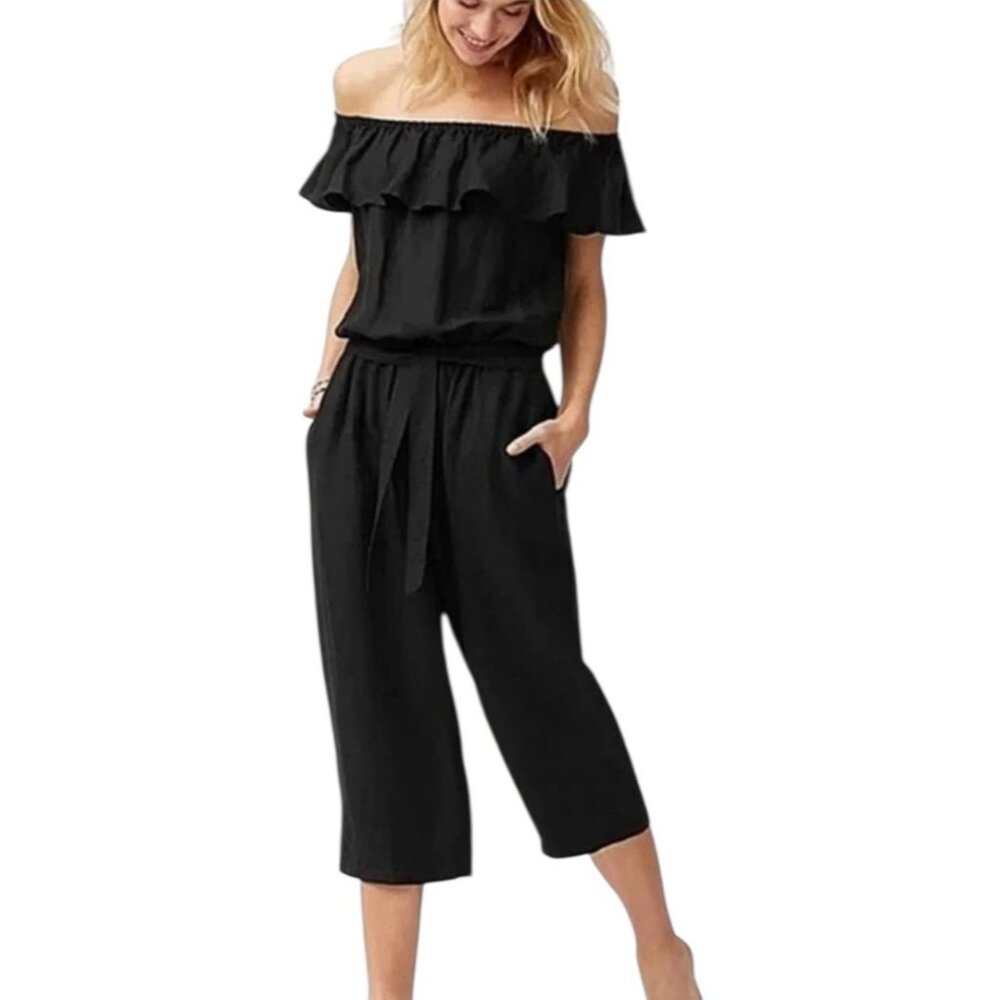 Tommy Bahama Jumpsuit sz Tall/SP Black Linen Blend Off-The-Shoulder - Picture 1 of 3